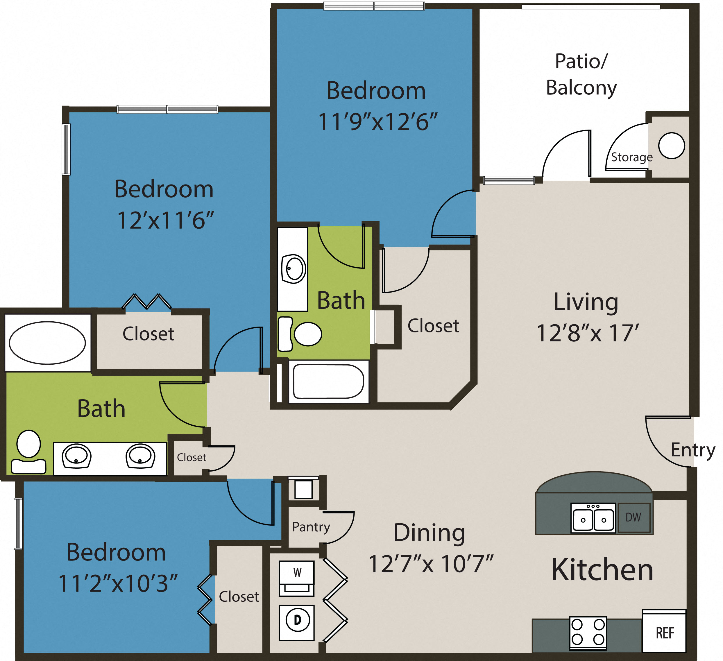 Floor plan for 3 beds, 2 baths, 1325 sqft